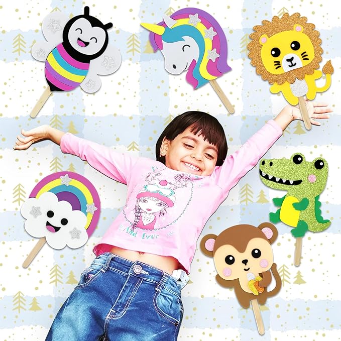 VKPI Make 6 Popstick Puppets Craft Kits for Kids, Foam Art Crafts Gift, Story Time Toys for Ages 4+ Toddler, Cloud, Animals, Preschool Projects Game Crafts, Birthday Party Favor Supplies
