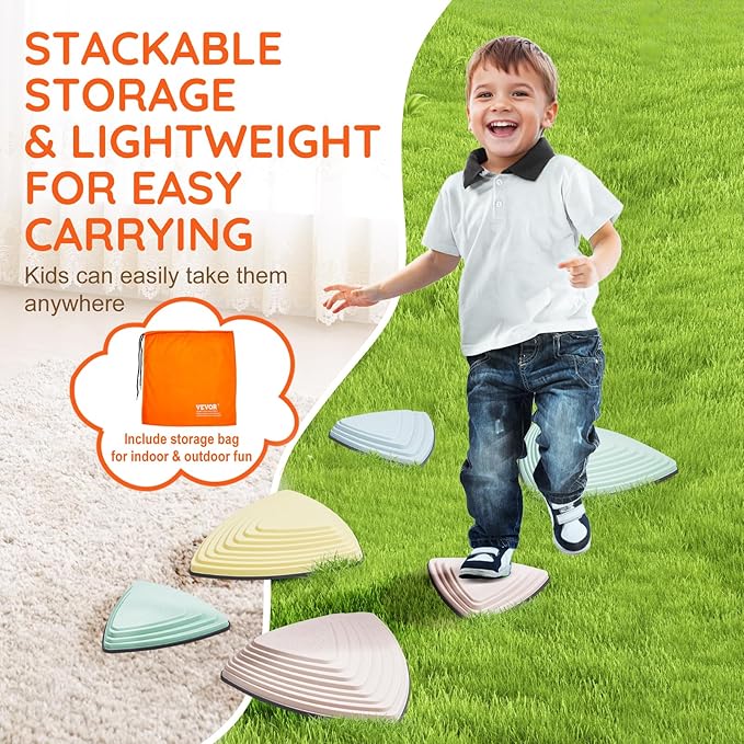 VEVOR Balance Stepping Stones for Kids, 6 PCS, Up to 220 lbs, Non-Slip Toddlers Sensory Stepping Stones, Obstacle Course Coordination Game Toys Indoor or Outdoor Play for Children Aged 3 4 5 6 7 8+