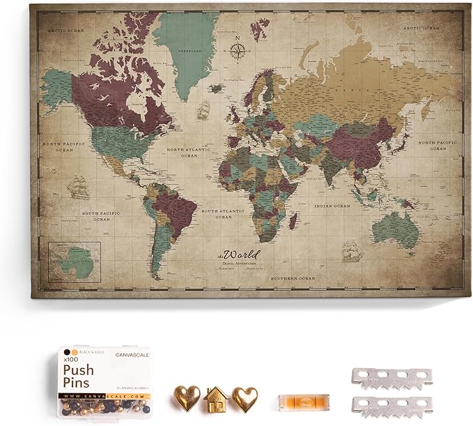 Canvas World Map with Cork Pin Board - English Lettering - Decorative Wall Decoration for All Rooms - Canvas Pictures with World Map Motif (90x60 cm, Pattern 12)