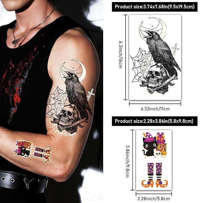 39PCS Glow in The Dark Halloween Temporary Tattoos Adult Kids, 9PCS Realistic Half Sleeve Pumpkin Bat Crow Skull Fake Tattoos, 30PCS Luminous Spider Cat Ghost Tiny Face Body Stickers Party Supplies