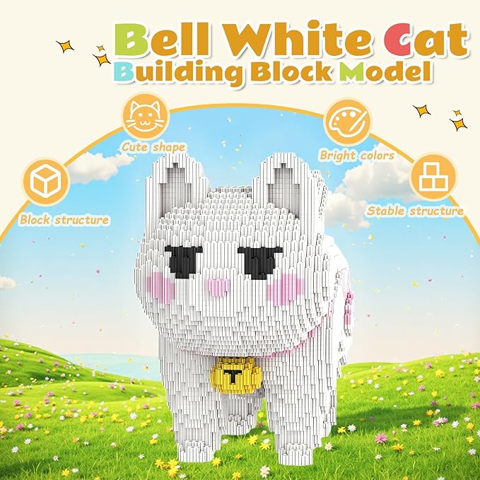 Animal White Striped Bell Cat Micro Mini Building Blocks Sets Large Cute Cat Building Kits Model Toys Gift Adults Kids Teens 5760 PCS