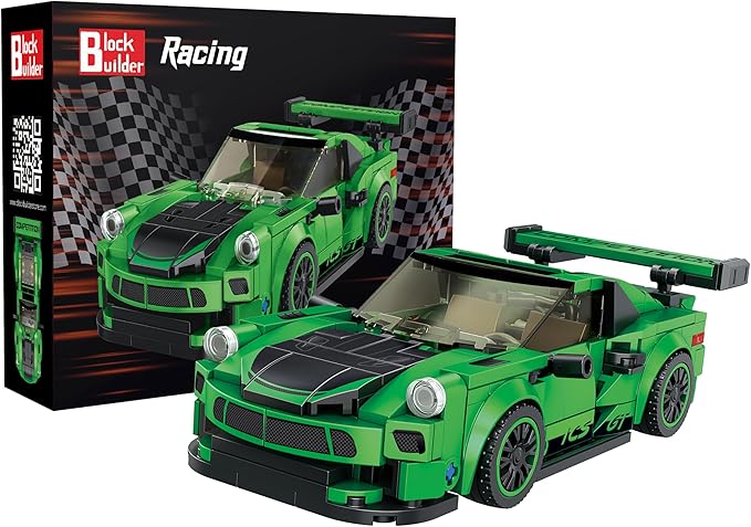 Block Builder Green Porsche 911 Racing Car Building Block Set, Newly Designed Racing Car Building Blocks for Kids and Adults