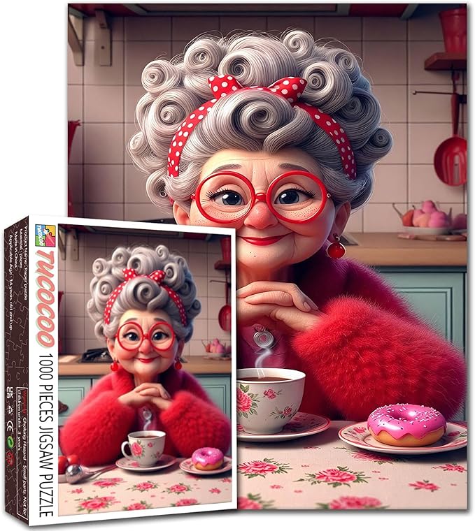 Grandma in Retro Kitchen Puzzles for Adults 1000 Pieces Coffee and Donut Jigsaw Puzzles for Game Nights Granny Jigsaw Puzzle for Challenging Family Activity Game DIY Craft Puzzle Home Decor Gifts