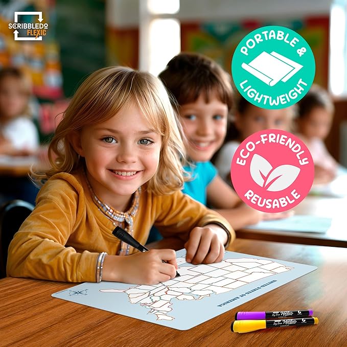 SCRIBBLEDO US Map Practice Sheets 11'x14' Dry Erase Sheets for Homeschool, Classroom Pack of 10