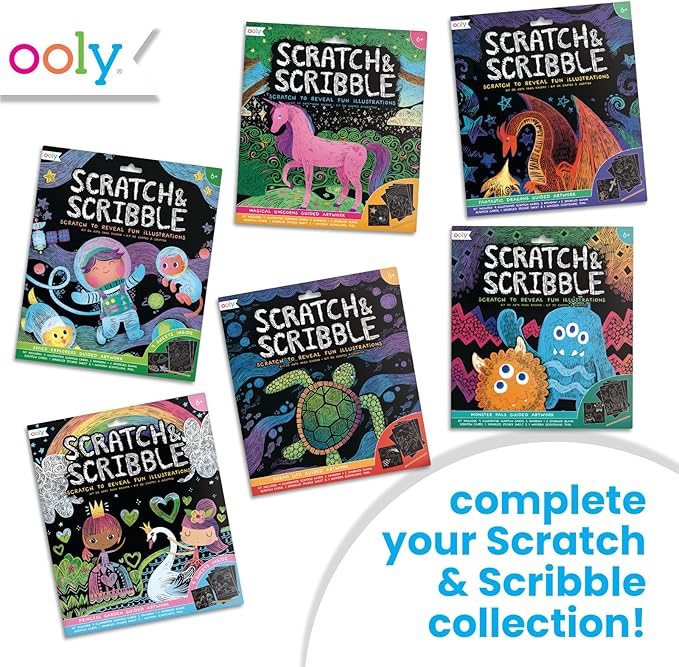 Ooly Scratch & Scribble 10pc Art Kit with 8 Total Scratch Cards (4 Illustrated, 2 Blank, 2 Rainbow) with Scratching Tool and Sparkled Stickers, Art Set Gifts for Kids - Colorful Safari