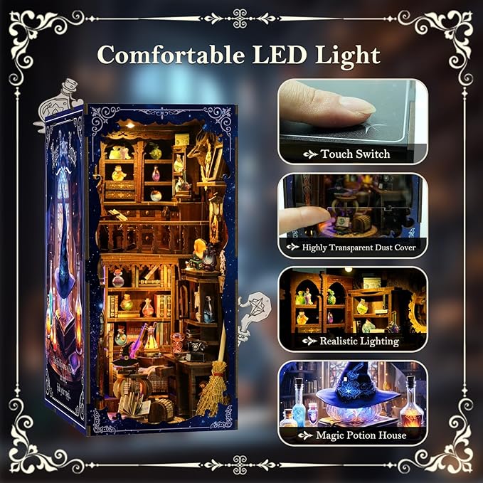 DIY Book Nook Kit Wooden Miniature Magic Potion House Kit 3D Wooden Bookends Miniature House Book Nook Kit for Adults Bookshelf Insert Decor with LED Lights Wood Crafts