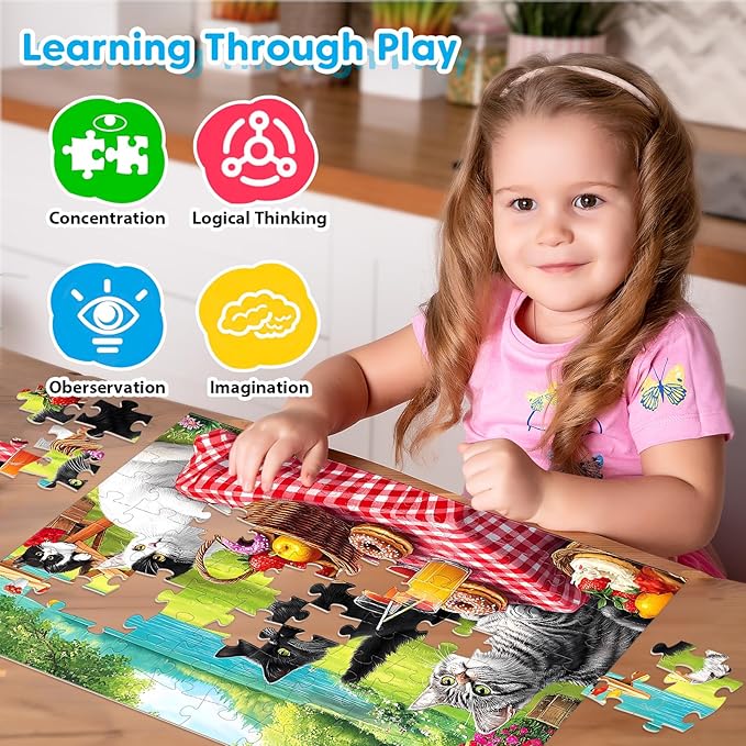 4 Packs 100 Piece Puzzles for Kids Ages 4-6 6-8 8-10, Lovely Cats Dogs Kids Puzzles Ages 5-8 100 Piece Large Jigsaw Puzzles for Adults Seniors Educational Toys Gifts for Girls Boys
