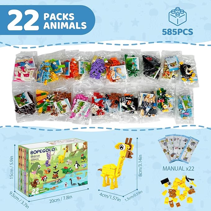 22 Pack Party Favors for Kids – 3-in-1 Animal Building Block Toys, Featuring 66 Designs, Goodie Bag Stuffers, Classroom Rewards, Birthday for Kids Ages 6-12