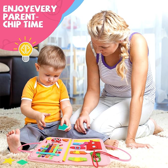 Toddler Busy Board, Montessori Sensory Toys for Boys, 1-4 Year Old Girl Toddler Travel Toys, Educational Learning Activities Board for Motor Skills, Birthday Gifts for Airplane Car, Pink