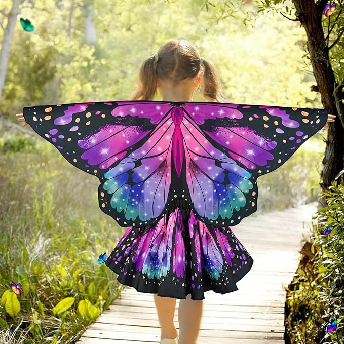 Butterfly Costume for Girls Fairy Wings Kids 4 Pcs(Cape,Skirts,Masks,Hair Clips) Butterfly Wings for Halloween Gifts