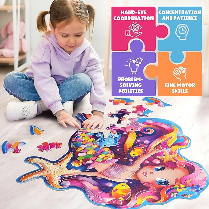 BenBen Floor Puzzles for Kids Ages 4-6, 52 Piece Mermaid Puzzle for Toddlers 3-5, Mermaid Toys Birthday Gift for Girls Boys
