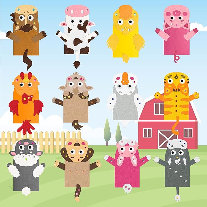 WATINC 12 Pcs Hand Puppet Making Kit, Art Craft Felt Sock Puppet Toys, Creative DIY Make Your Own Pompoms Wiggle Googly Eyes Storytelling Role Play Party Supplies Gift for Girls Boys (Farm Animals)