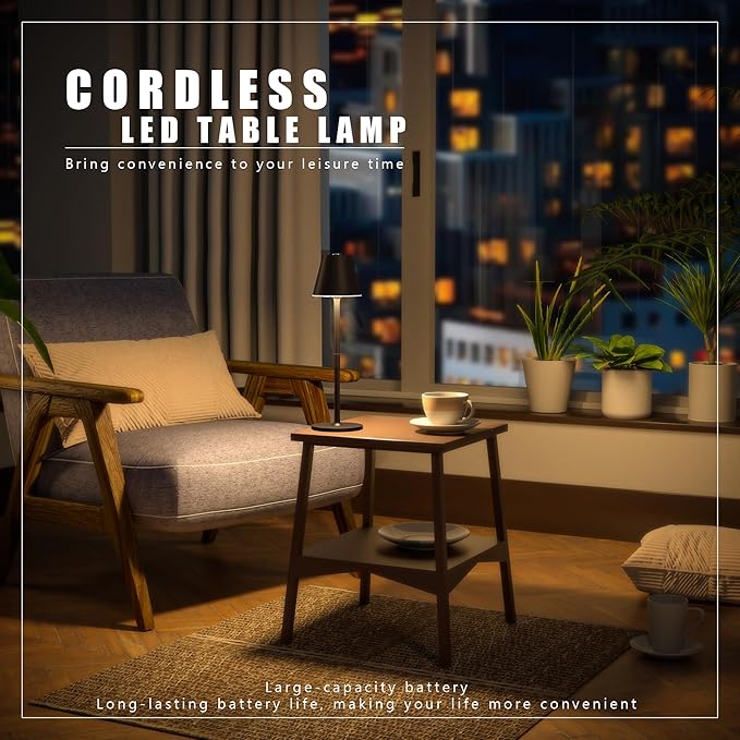 LED CordlessTable Lamp,4000mAh Rechargeable Battery Desk lamp,3 Level Brightness Beside Night Light, Minimalist Design, for Couple Dinner/Coffee Table/Restaurant/Bedroom(Kahaki-4PACK)