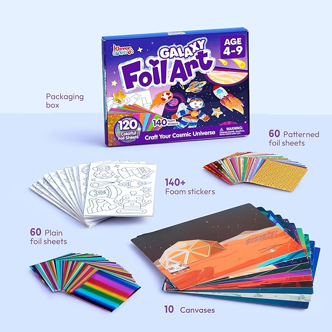 Klever Kits Outer Space Foil Art Kit for Kids - Arts & Crafts Supplies, Mess Free Coloring, Galaxy Foil Foam Stickers, Creative Travel Toys, Birthday Gifts for Boys & Girls Ages 4 and Up