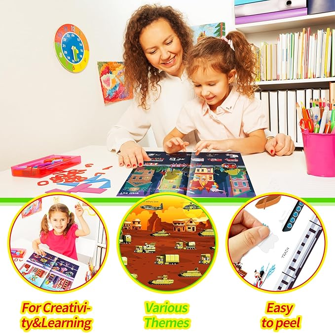 Sticker Book for Kids, 230+ Dinosaur & 134+ Vehicle Stickers & 16 Scenes, Reusable Activity Sheet, Seek and Find Sticker Coloring Pad, for Boys Girls Toddlers Ages 2-4 4-8 Years Old 3-5 6-7