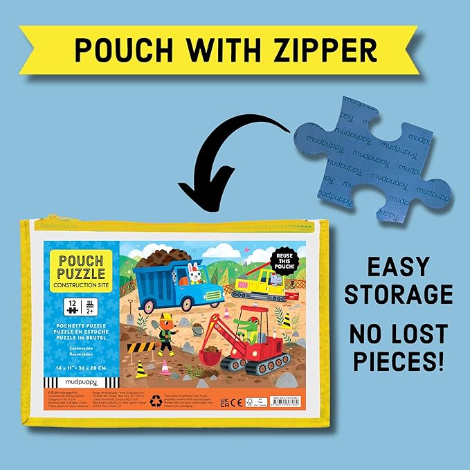 Mudpuppy Construction Site – 12 Piece Puzzle with Reusable Zipper Pouch Featuring Colorful and Fun Illustrations of Vehicles and Animals Workers Perfect for Easy Storage and Travel