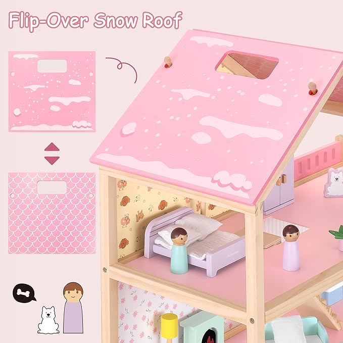 Large Wooden Dollhouse, 3-Story Doll House with 38-Pcs Furniture & Accessories, Open-Concept Floors, Balcony, Flip-Over Snow Roof, Pretend Play Doll House Gift for Kids Ages 3+