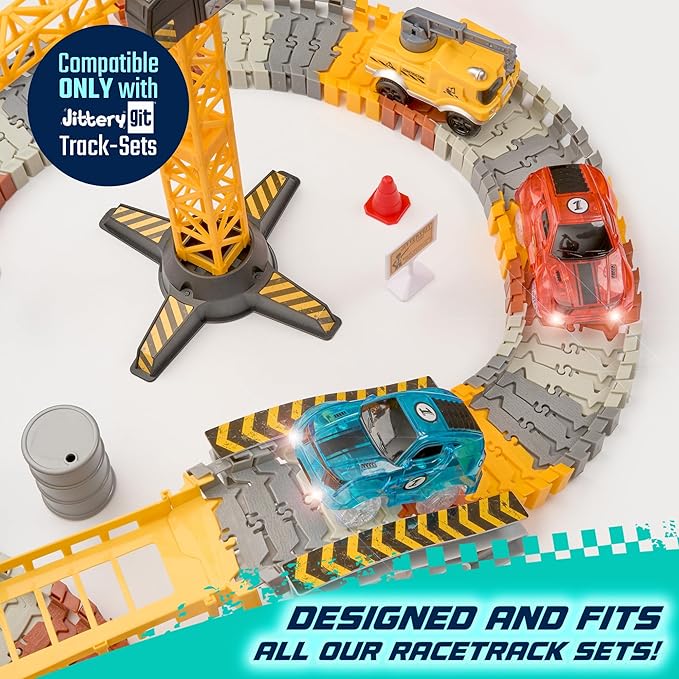 JitteryGit Replacement Light Up Magic Cars For Glow Flex Tracks - Extra LED Car Accessories For Race Track & Glow In The Dark Trax - Compatible with Most Tracks For Kids Boys and Girls (2 Racers Pack)