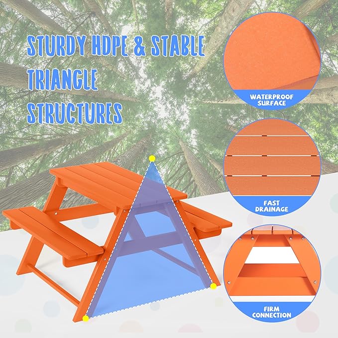 Costaelm Kids Picnic Table, HDPE All Weather Outdoor Toddler Picnic Table and Chair Set Kids Bench for Patio, Backyard, Garden, Lawn, Orange