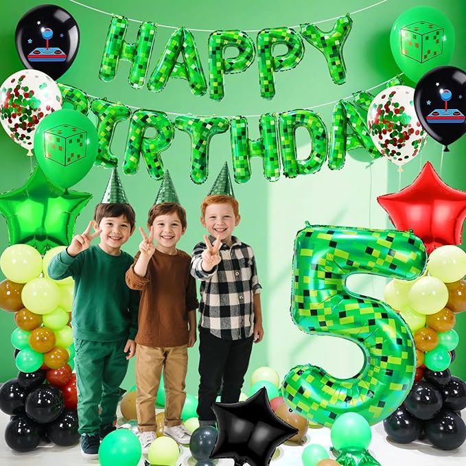40in Green Pixel Number 5 Balloon Birthday Decorations, Miner Theme Green Foil Balloons Blast Gaming Party Supplies