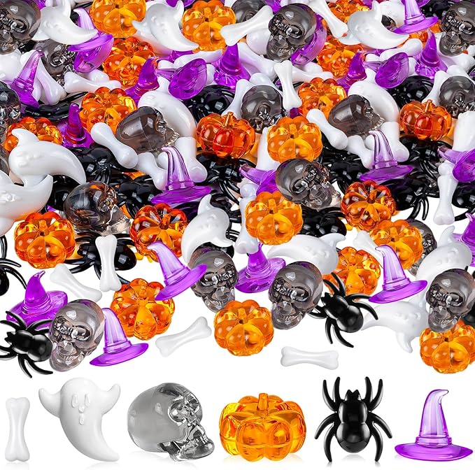 220 Pcs Halloween Vase Filler, Mini Acrylic Pumpkin Ghost Skull Spider Witch Hats Gems for Centerpieces Table Decorations, Halloween Sensory Bin Filler Decor for DIY Crafts