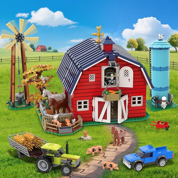 Western Farm Barn House Building Set with Lights, Newly Enhanced with Reinforced Structure, 1419 PCS Red Barn Building Toy with Animals Horse Tractor Windmill, Gift for Adults Boys Girls 10+
