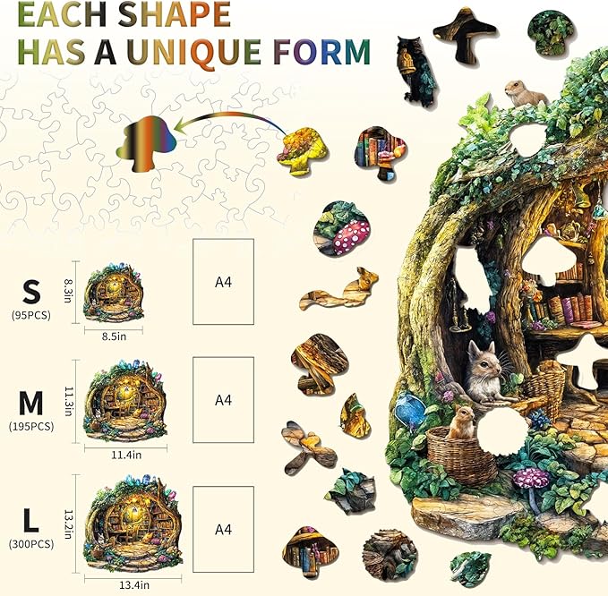 Wooden Puzzle for Adults,Unique Shape Advanced Forest Mushroom House Wooden Jigsaw Puzzle, Gifts for Craft Lovers & Friends, Home Decor.（11.4 * 11.3in 195pcs）