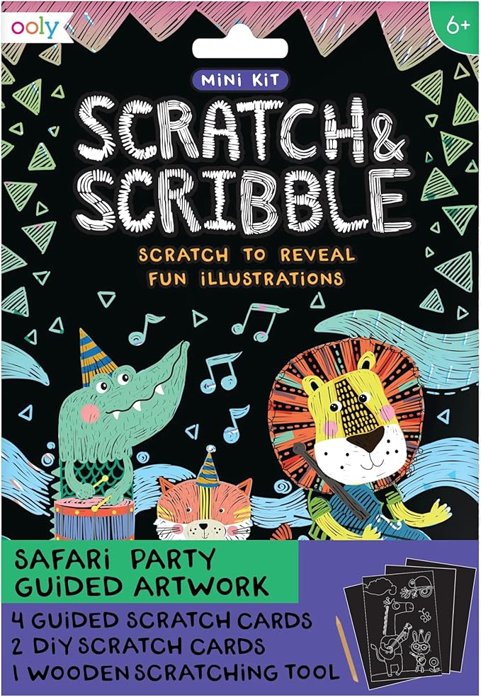 Ooly Mini Scratch & Scribble Art Kit - 6 Card Rainbow Scratch Art Set Gifts for Kids, Travel-Friendly Craft Kit, Scratching Tool Included - Safari Party