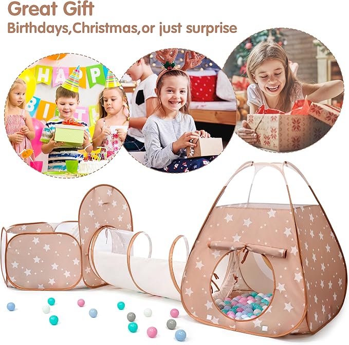 3 in 1 Pop Up Kids Play Tent with Tunnel and Ball Pit for Kids, Boys, Girls, Babies and Toddlers, Indoor/Outdoor Playhouse, Brown/Apricot