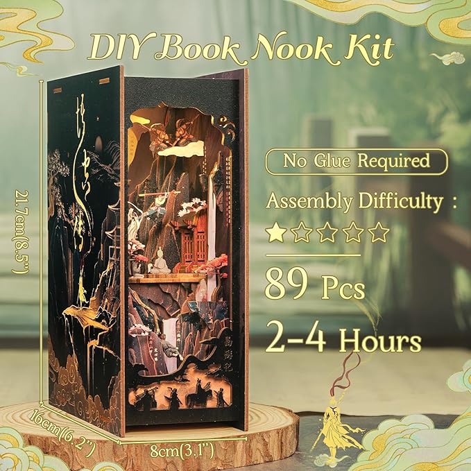 Fsolis Book Nook Kit, DIY Miniature House Kit 3D Wooden Puzzle Craft Kit for Adults Bookshelf Nook Decor Decorative Bookend Gifts for Book Lovers- The Legend of Wukong (No Glue Required)