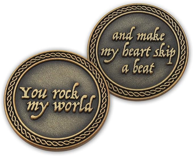 Romantic Love Expression Antique Gold Plated Pocket Coin for Date Night, You Rock My World, & Make My Heart Skip a Beat, Love Gift for Men & Women, from Him or Her