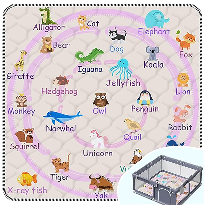 Baby Play Mat，Thick Soft 71" X 79" Playpen mat, Non-Slip and Machine Washable Baby Play Mats for Floor，Crawling Mat for Babies, Toddlers & Infants to Play and Learn(Pink Animal)