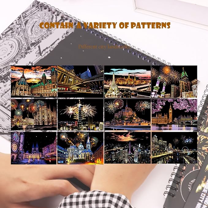 Scratch Art Book for Adults - 12PCS Scratch Painting Foil Art for Adults Scratch City Series Books Foil Engraving Scratch Art Adult Set with 6 Tools