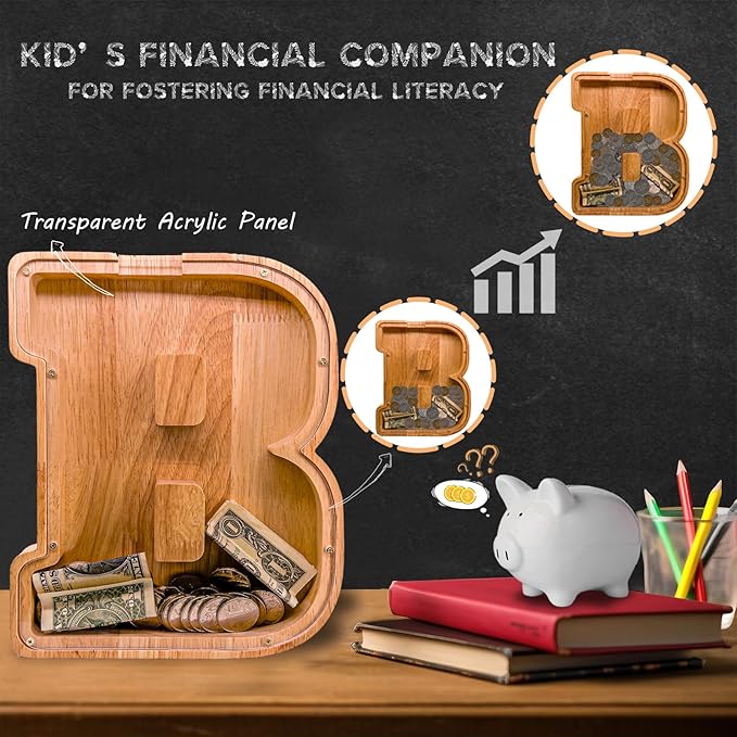 Wooden Letter Piggy Bank for Kids Larger Alphabet Letter Bank for Boys Initial Coin Bank Personalized Piggy Bank Wood Money Save Box for Birthday and Festival-Upgrade 9"" B Piggy Bank