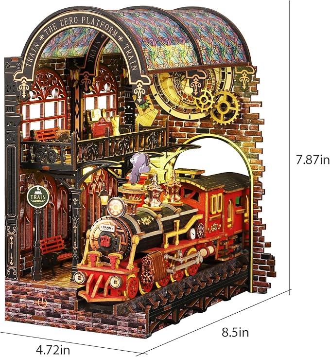 DIY Book Nook Kit for Adults - LED Magic Station Book Nook with Steam Train, Mini House Bookshelf Decor 3D Wooden Puzzles with LED Light, Alley Model Build Birthday Gift for Family, Friends