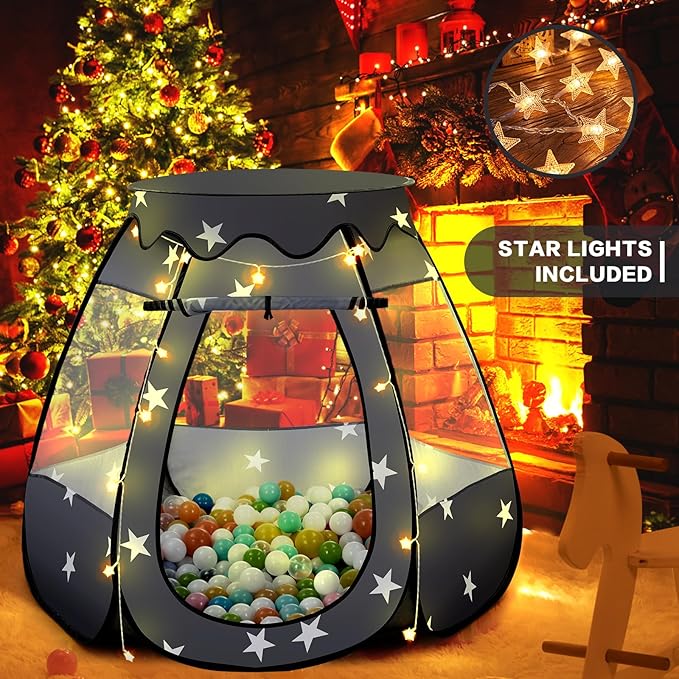 Baby Ball Pit for Toddler: with Star Lights - Pop Up Princess Play Tent for Kids - Indoor Outdoor Baby Girl Toys Birthday Gifts - NO Balls (Black Tent)