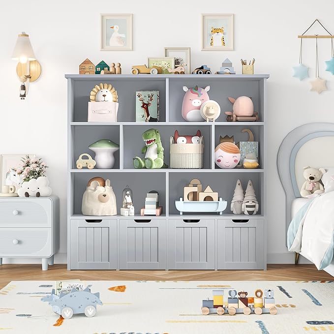 FINETONES Toy Storage Organizer, Kids Bookshelf with 4 Movable Chests and 7 Storage Cubes, Toy Chest Storage Shelf Organizer with Hidden Wheels, Toy Organizers and Toy Storage, Grey