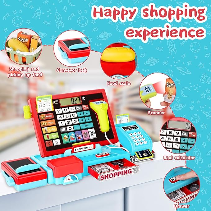 Cash Register Playset Toy for Kids, Real Calculator Register, Pretend Play Store with Music, Scanner, Play Money, Food, Preschool Learning Toy Playset Gift (Blue Red)