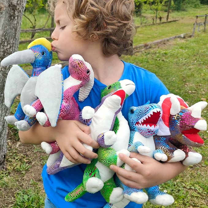 MaoGoLan 6 Pack Dinosaur Stuffed Animals Bulk 12in Dinosaur Plush Toy Collectible Dino Squad (T-Rex Velociraptor Stegosaurus Triceratops Pterodactyl), Kids Girls Boys Christmas
