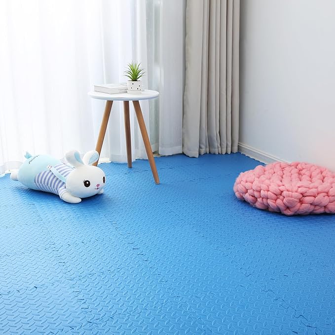 Coolcandy EVA Foam Play Mat, 16 Tiles Colorful Baby Play Mat, Square Kids Playmat with Solid Colored, 0.4" Thickened Interlocking Foam Floor Tiles, Puzzle Play Mat for Baby Lying, Playing (Blue)