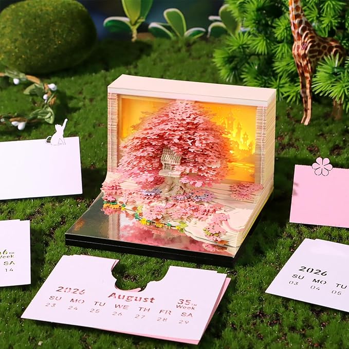 3d Calendar 2026,Hand Tear DIY Art 3d Calendar,Perfect Combination Of Artistic And Practical Design With Lights,Suitable For Note Taking,Decorative Ornaments,Holiday Gifts (huahai-Pink)