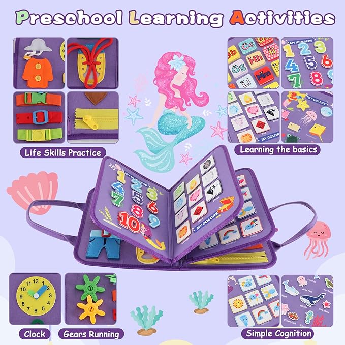 Montessori Busy Board for Toddlers 1-3, Soft Sensory Activity Book with Life Skills, Cognition, Sorting, Matching, Travel Toys for Airplane Car, Gift for Girls Boys 2-4 Years Old (Mermaid)