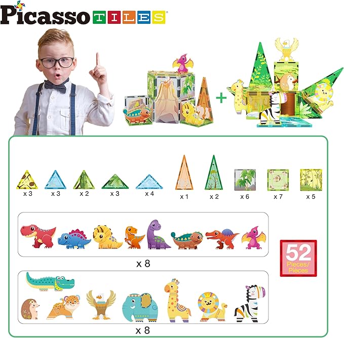 PicassoTiles Magnet Tiles Set Magnetic Building Blocks Safari Animals Dinosaur Theme with 16 Action Figure Construction Blocks STEM Toys Education Preschool Toy for Toddlers Boys Girls Ages 3+ PTQ28