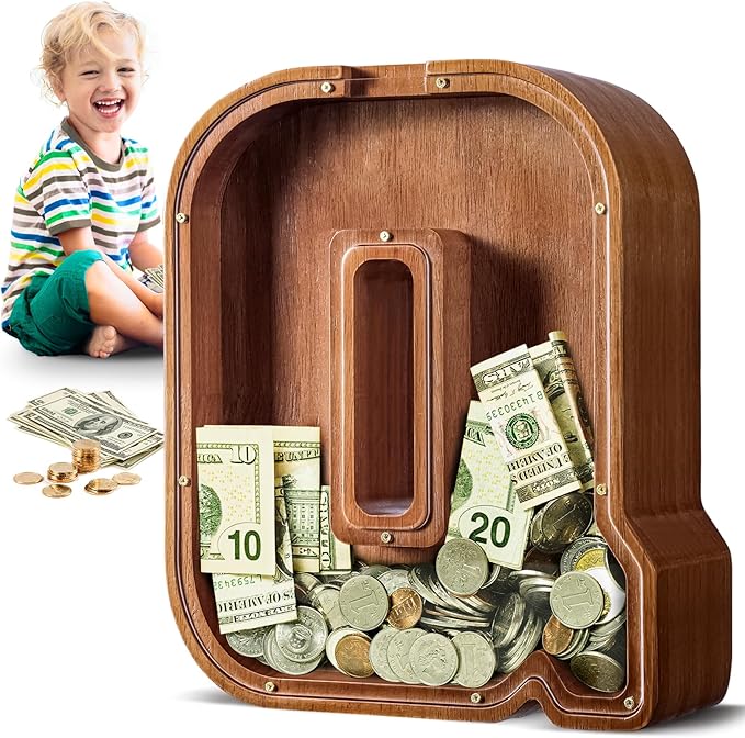 Summidate Large Wooden Piggy Bank for Kids Adults, Alphabets Letter A-Z Piggy Bank for Boys Girls, Coins Bills Change Bank Box Personalized Initial Name Kids Money Bank for Birthday Present and Decor