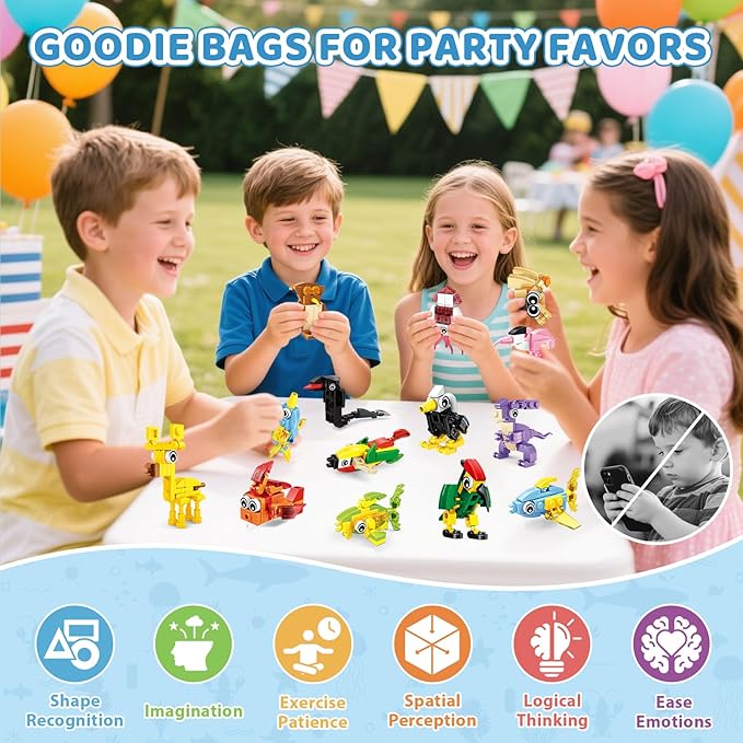 22 Pack Party Favors for Kids – 3-in-1 Animal Building Block Toys, Featuring 66 Designs, Goodie Bag Stuffers, Classroom Rewards, Birthday for Kids Ages 6-12