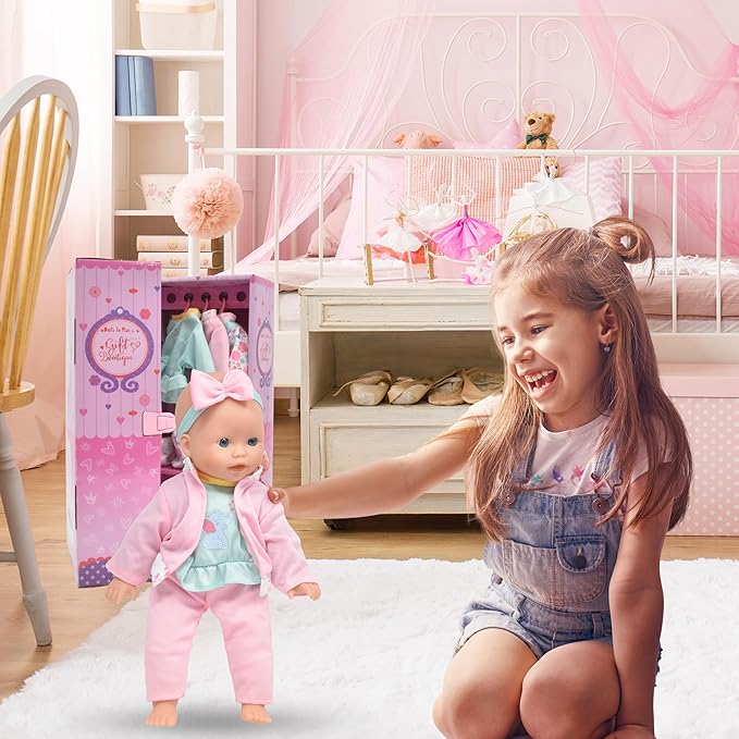 Gift Boutique Baby Doll 14 Inch Soft Body with Clothes & Accessories Sets of Outfits with Hangers Teddy & Toy Blocks Playset Wardrobe Storage Closet, Ideal Gift for Kids - Set of 4