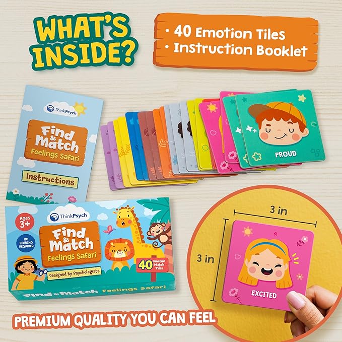 Find & Match - Feelings Safari | Animals & Emotions Matching Memory Game for Kids | Ages 3+ | Social Emotional Learning Toys and Activities | Play Therapy Games