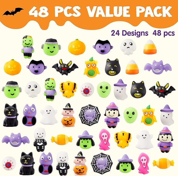 JOYIN 48 Pcs Halloween Mochi Squishy Toys Bulk, Halloween Toys for Halloween Party Favors Decoration, Trick or Treats Sensory Stress Relief Toy, Classroom Prizes Goodie Bag Filler Kids Gift