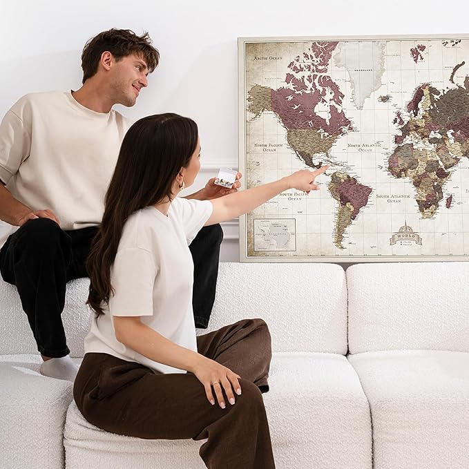 Canvas World Map with Cork Pin Board - English Lettering - Decorative Wall Decoration for All Rooms - Canvas Pictures with World Map Motif (70x50 cm, Pattern 23)