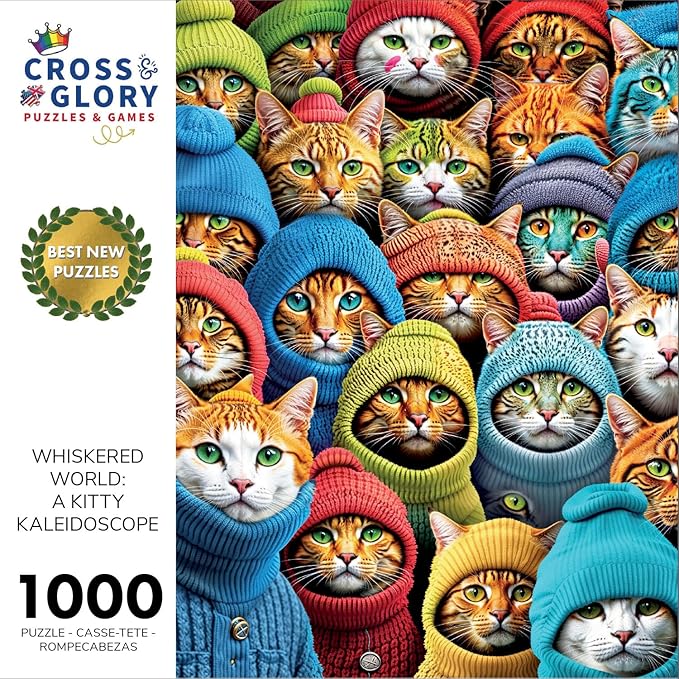 Cross & Glory - Whiskered World: A Kitty Kaleidoscope - Cat Jigsaw Puzzles for Adults, 1000 Piece Puzzle, Vibrant, Challenging & Detailed, Cat Puzzles